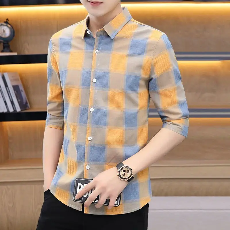 Shirts and Blouses for Men Half Sleeve Business Striped Man Tops Original Cool Silk with Sleeves High Quality New In S Clothing