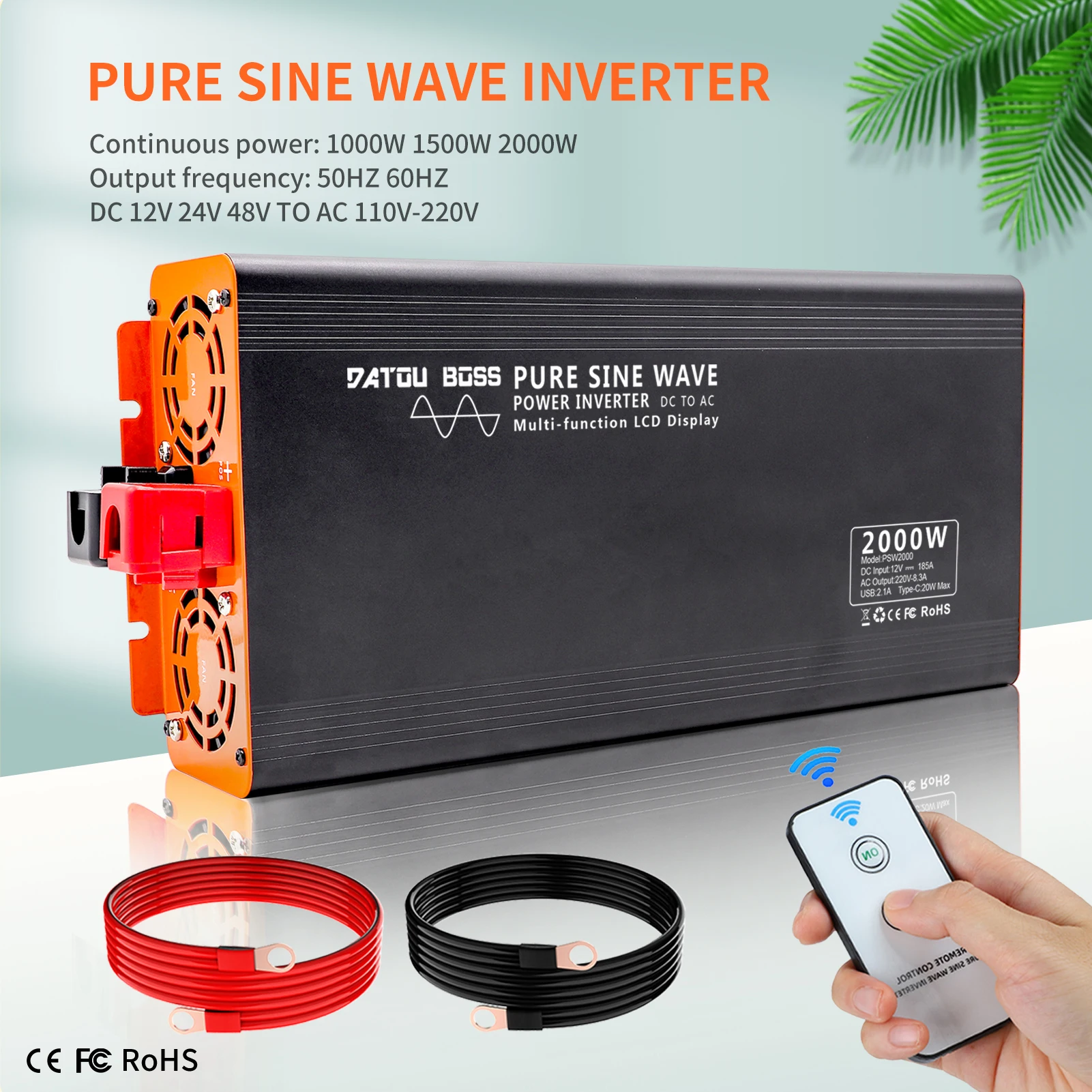 DATOUBOSS Pure Sine Wave Inverter 4000W DC 12V 24V 36V 48V 60V 72V to AC  220V 240V Power Inverter Continuous Power 2000W