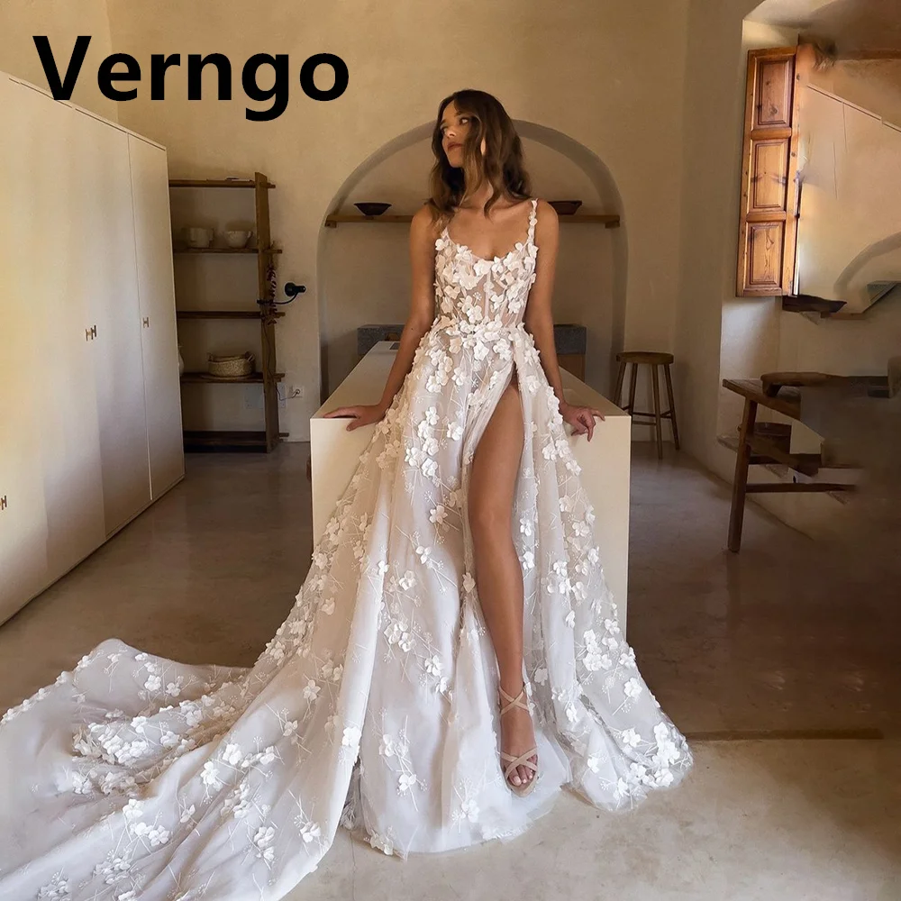 

Verngo Applique Sweetheart Spaghetti Straps Wedding Party Dresses For Women Side Slit Sexy Elegant Sweap Train Bridal Gowns