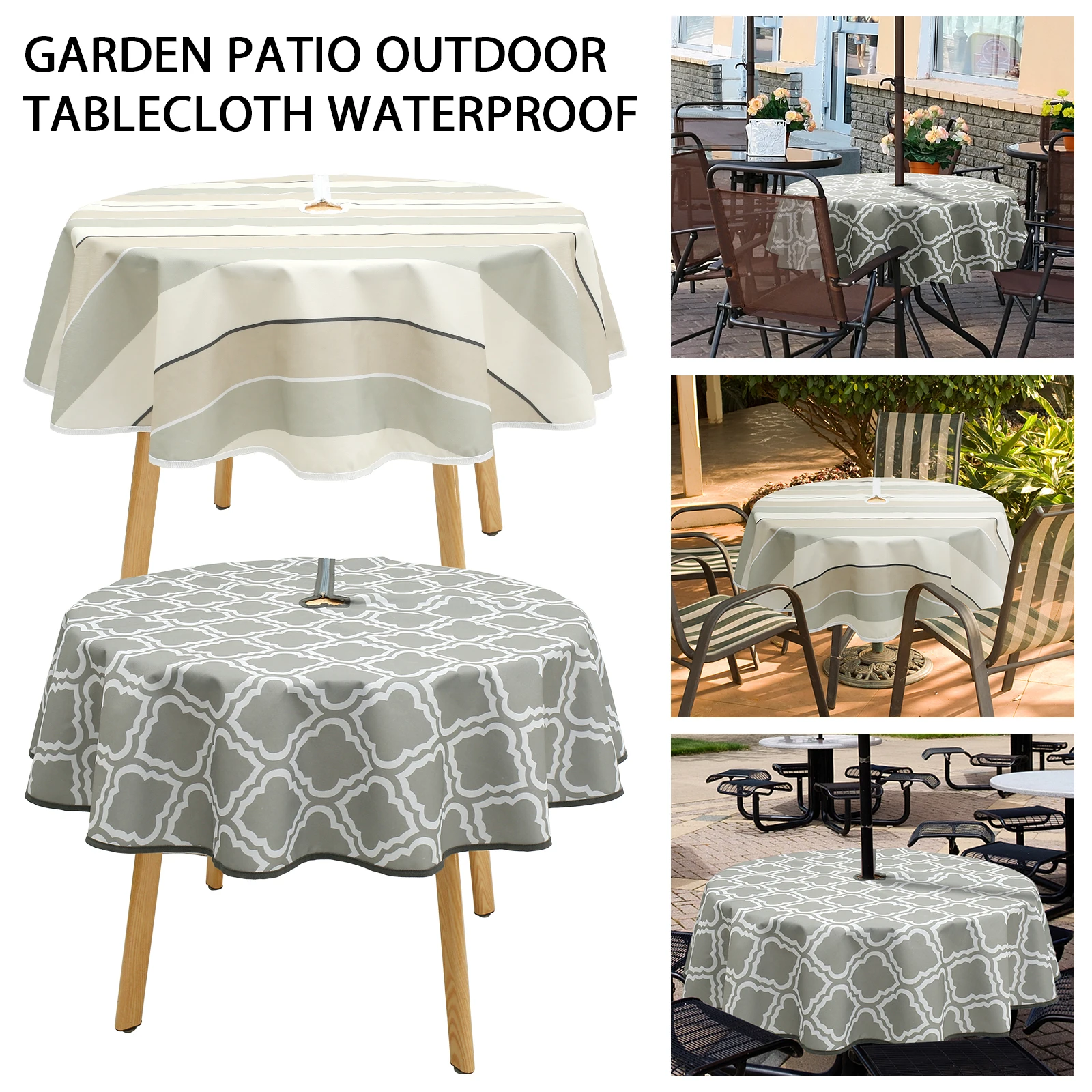 

New Patio Tablecloth with Umbrella Hole 59 inch Round Outdoor Table Covers Waterproof 600D Oxford Fabric Round Tablecloth with