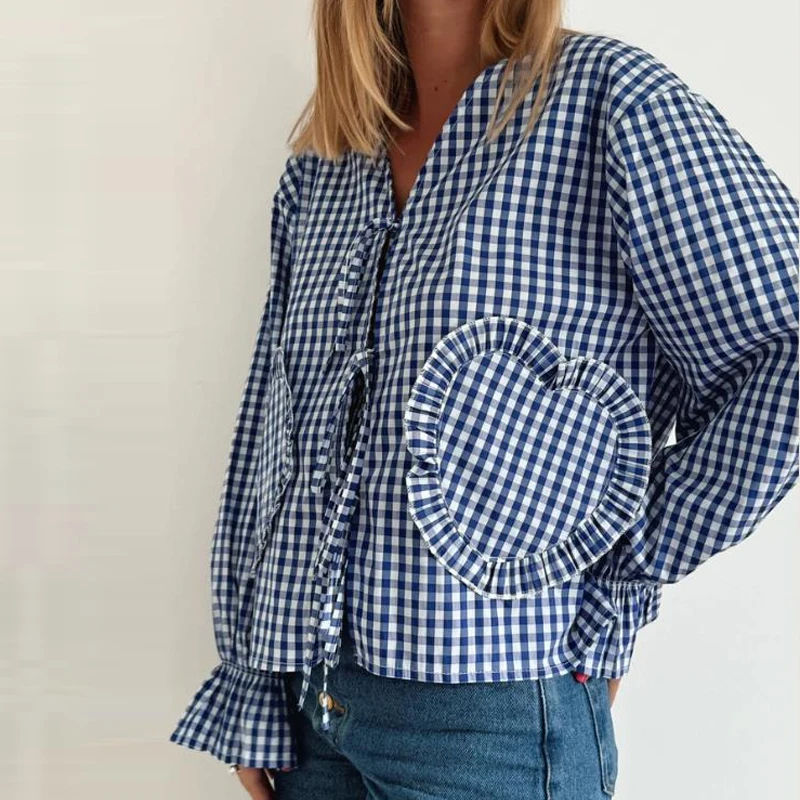 

Women Blouse Front Tie Up Puff Sleeve Tees 90s Vintage V Neck Crop Tops Chic Fashion Casual Daily T-shirt Elegant Streetwear