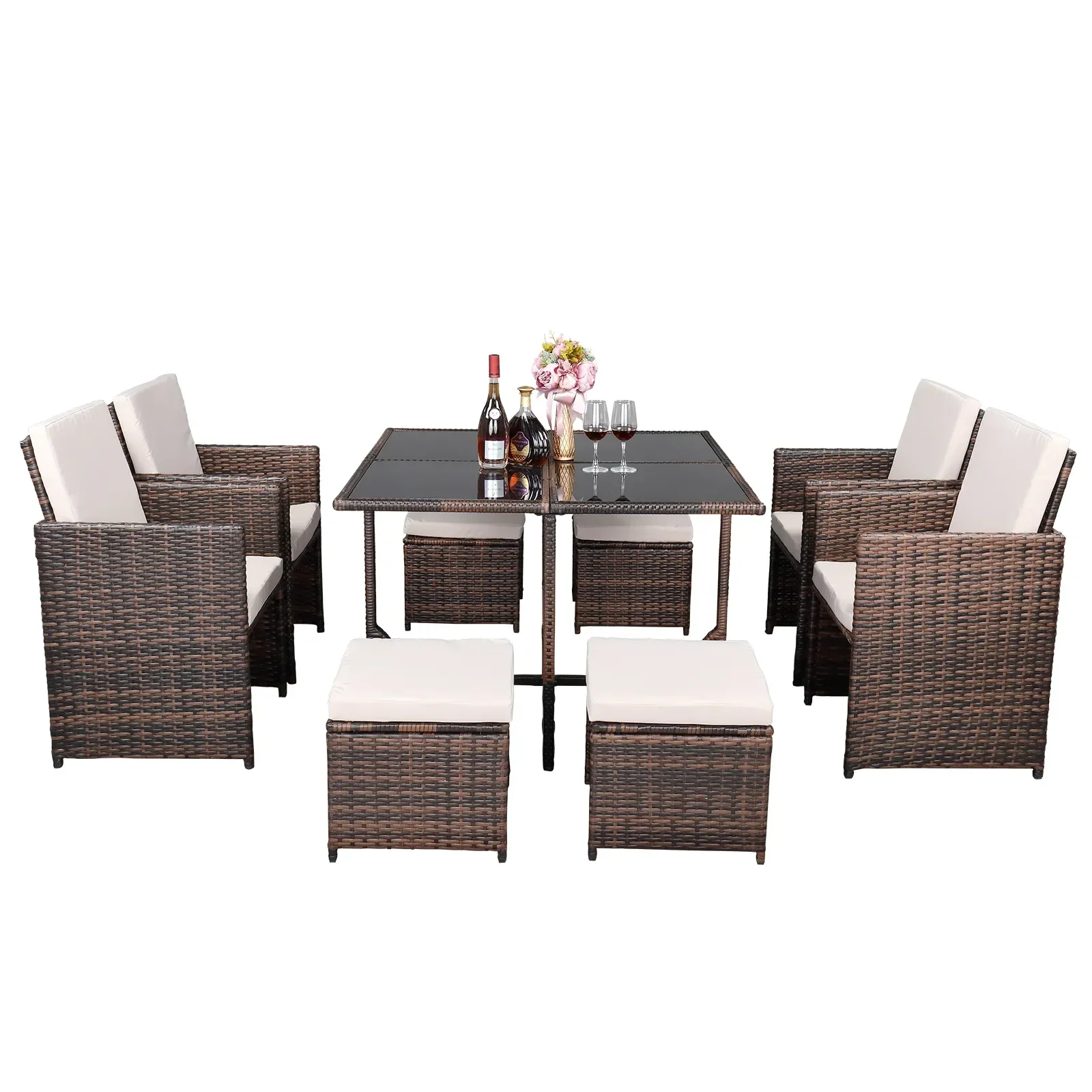 

9Pcs Outdoor Patio Table Chair Set Include 4 Single Chair + 4 Stool + 1 Table PE Rattan Iron Frame Brown Gradient[US-Stock]