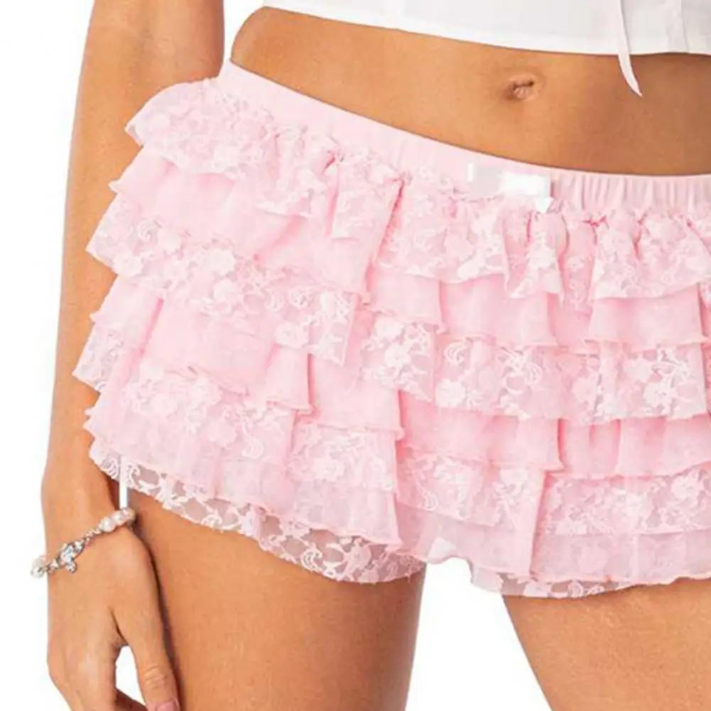 

Summer Women Lace Skirt Shorts Multi-layered Scattered Ruffled Lolita Elastic Waist Solid Color Culottes Beach Dance Mini Shorts