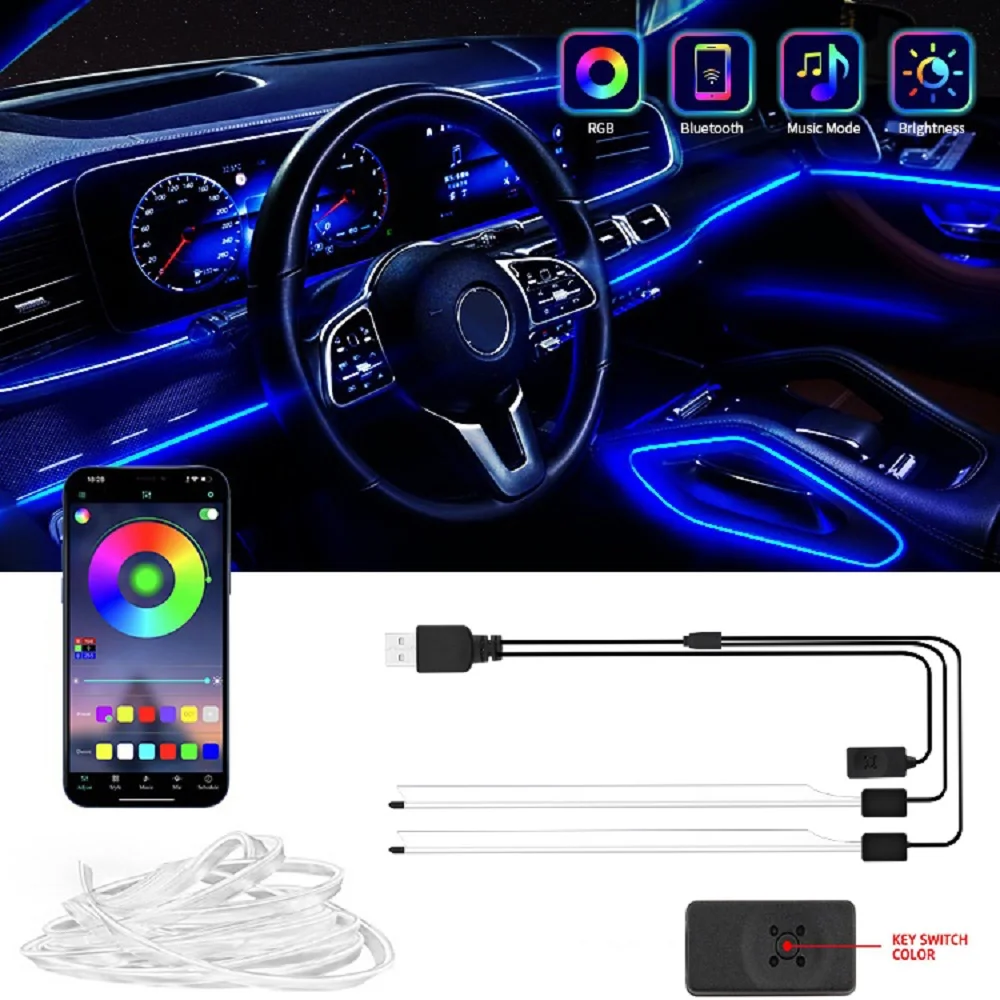 

3M/5M Car Interior Ambient RGB Flexible LED Clamp Lamp With Switch App Control Atmosphere Neon Lamp Car Decoration Accessory 12V