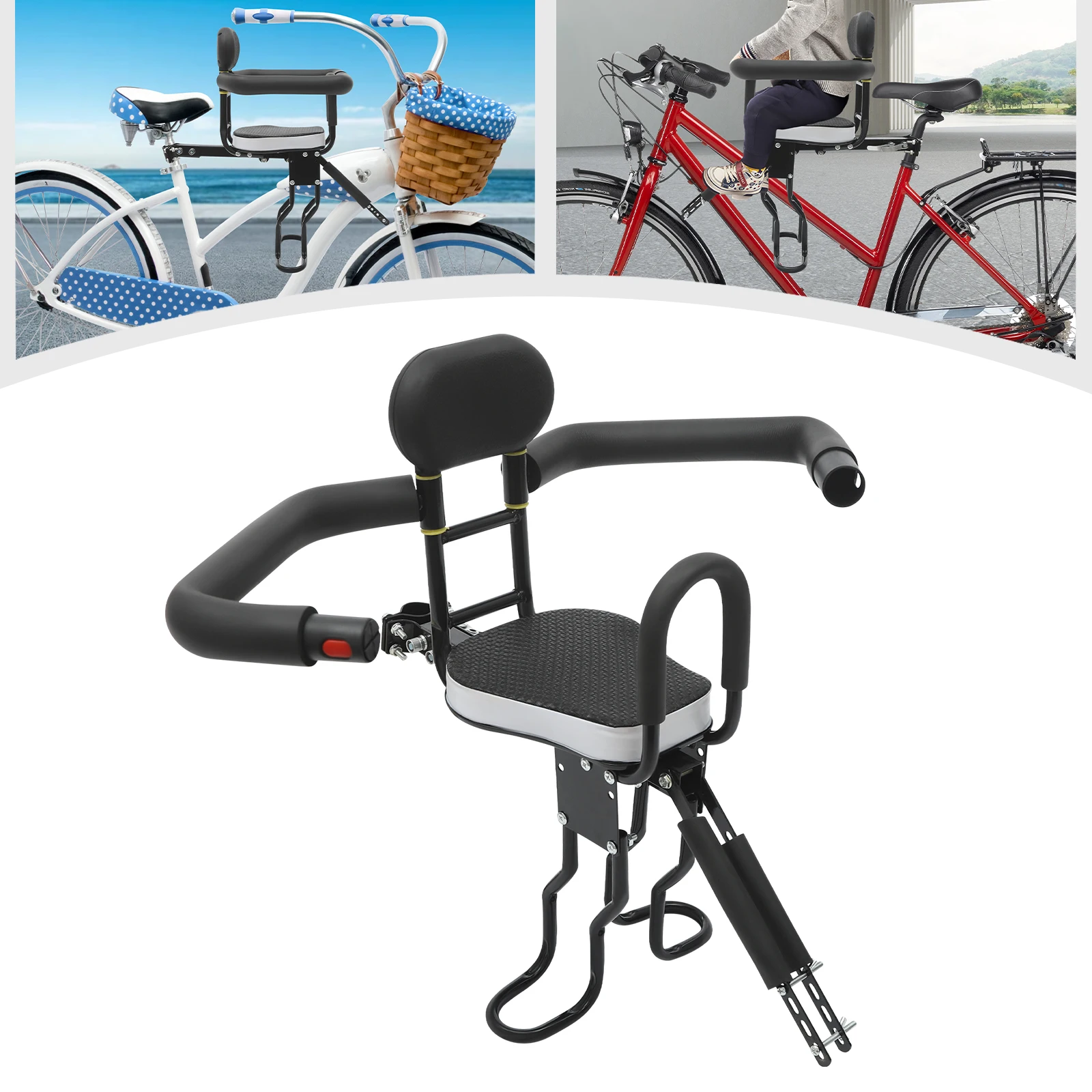 Front-Mounted Steel Child Bike Seat, Adjustable Pedals, and Safety Handrail for Toddlers (1–5 Years)