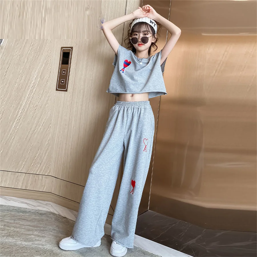 

2 Pcs Women Sets solid color T-shirt Wild-leg Suit Loose Long Trousers Student Girls Outfit Sets 6 8 10 11 12