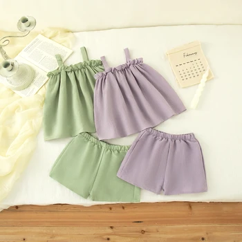 2 pz/set vestito da neonata estate tinta unita canotta top pantaloncini abbigliamento per ragazze cotone casual vestito da spiaggia per ragazze vestiti per bambini ragazza 1