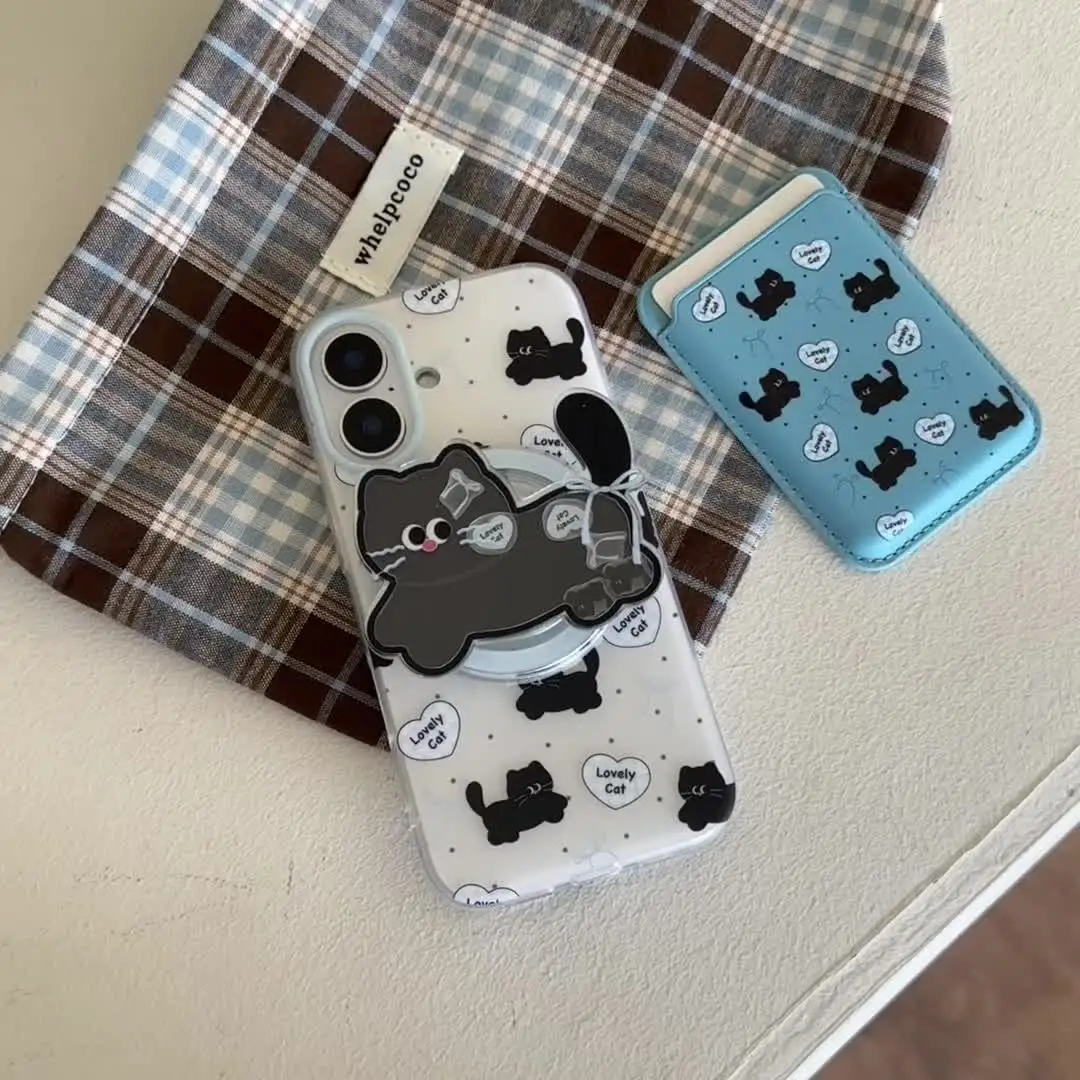 Korea cute black cat wallet Magsafe magnetic holder wireless charging case for iPhone 13 Pro 14 15 16 Max card cover