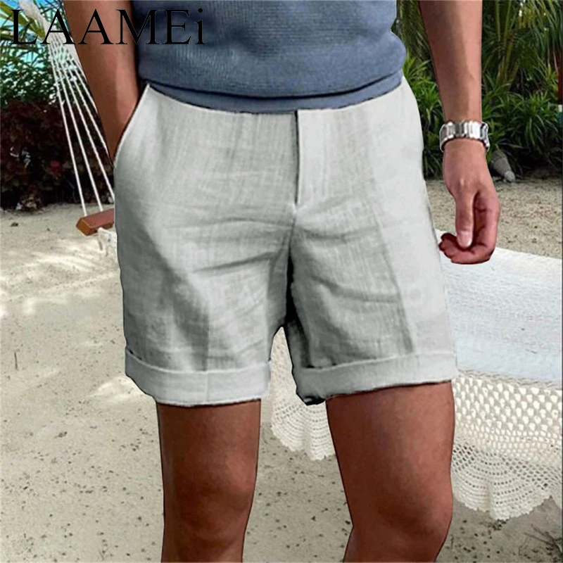 LAAMEi Summer New Fashion Casual shorts for men clothitng Thin 100% Linen Loose Breathable Beach Pants