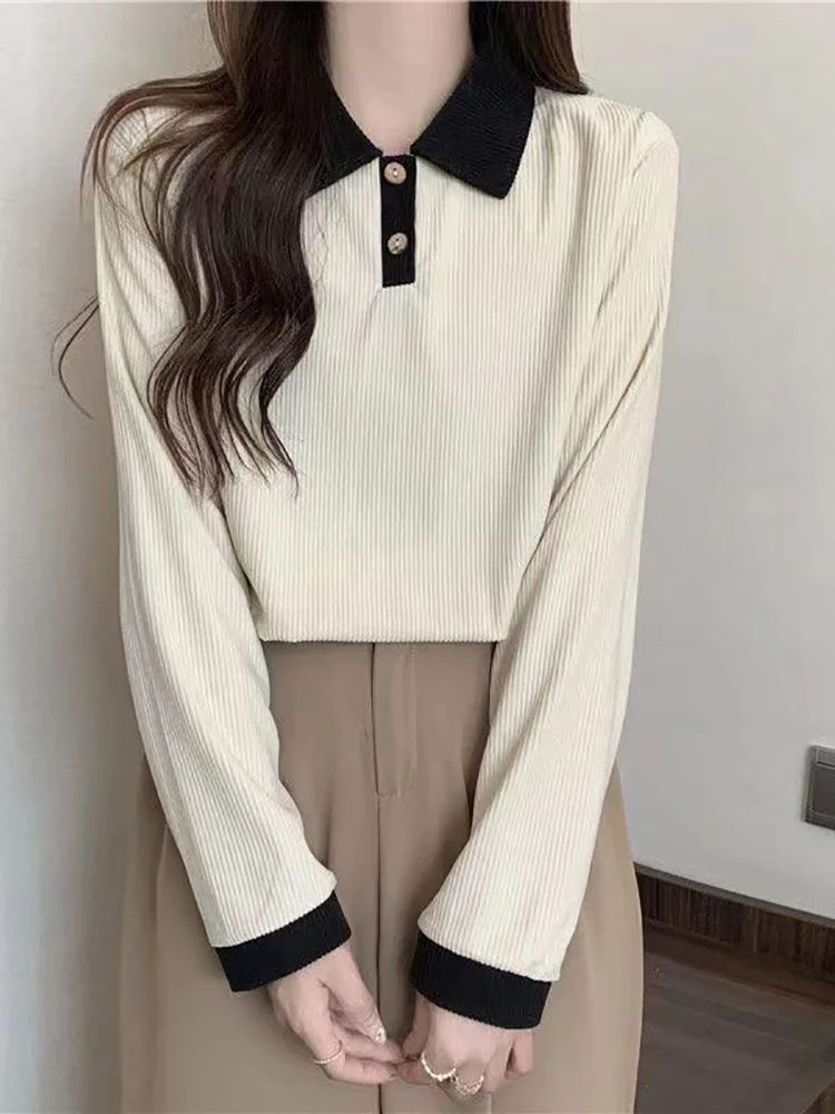 

Women Long Sleeved T-shirt Preppy Style Patchwork Simple Design PoLo Collar Girls Tops Spring Summer Lady Basic New Sweatshirts