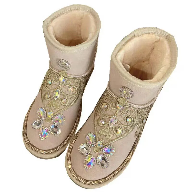 

Colorful rhindiamonds winter warm boots with fleece mid-calf boots handmade custom fur one-piece boots women's large size 35-44