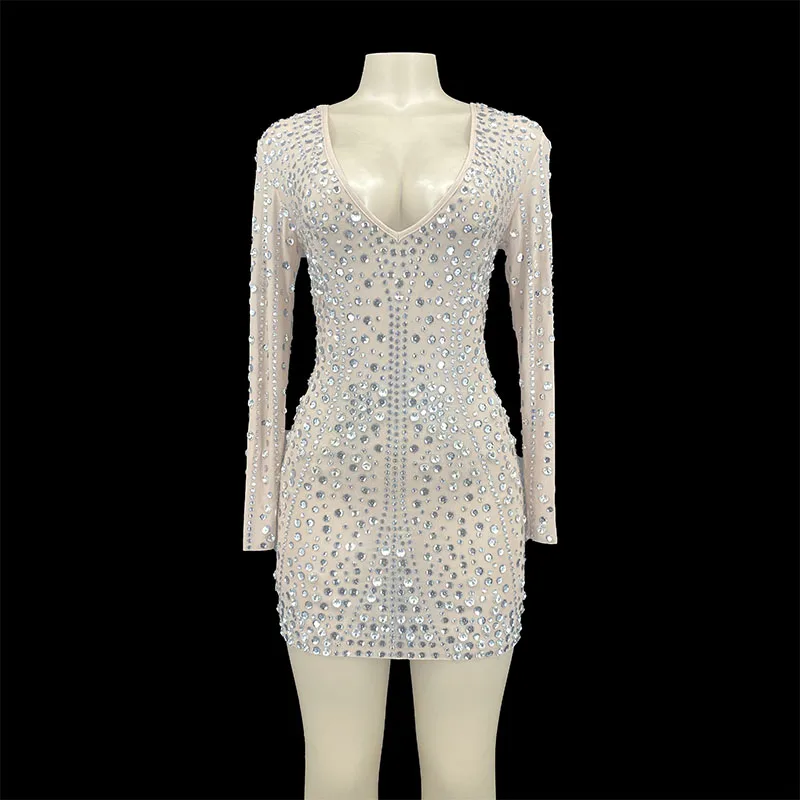 

Rhinestone Sexy Performance Mini Dress Evening Birthday Luxury Shining Singer Dancer Costume