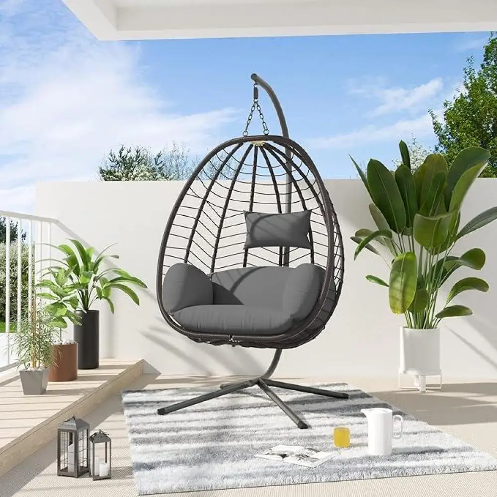 

Chair Outdoor Indoor Wicker Rattan Hanging Chair with Stand 350lbs Capacity w/Strong Frame & Grey Cushions for Patio Balcony Bed