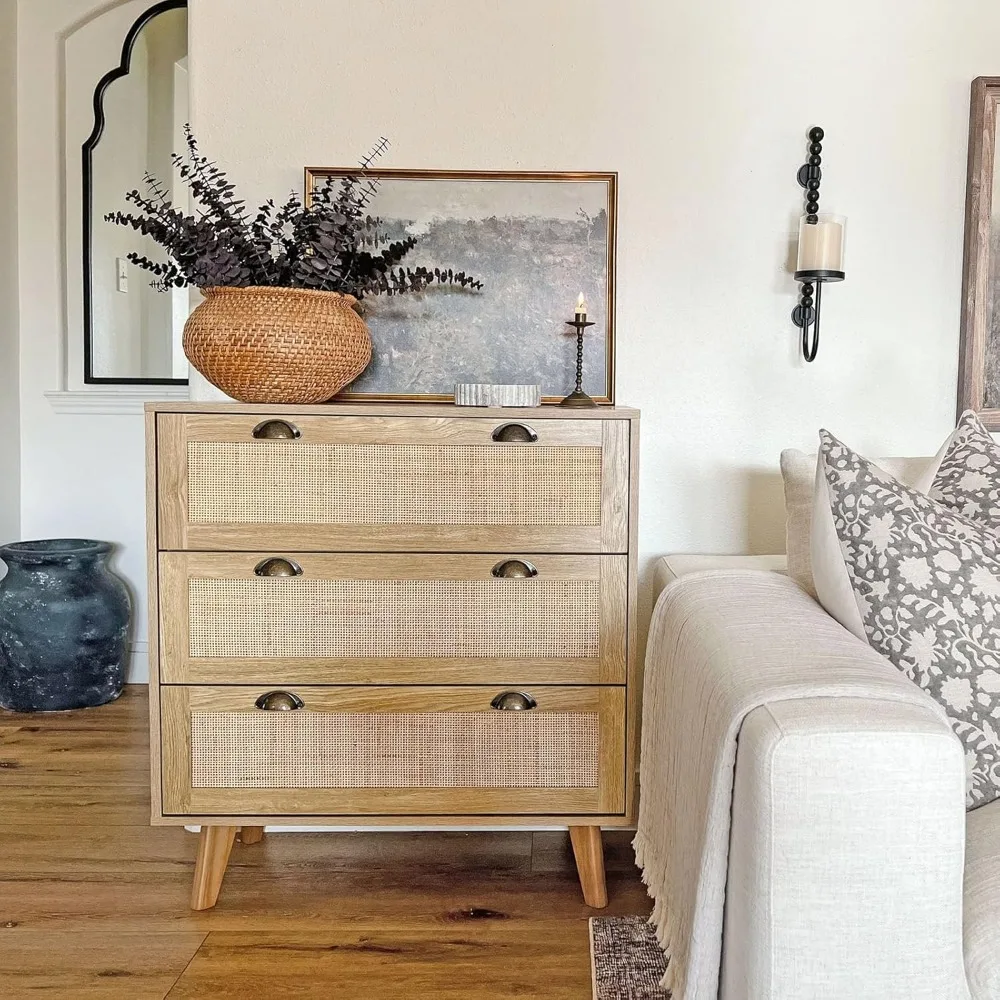 Rattan Dresser - Nightstand with Drawer Boho Small Cabinet 3 Drawer Dresser, Bedside Table 4