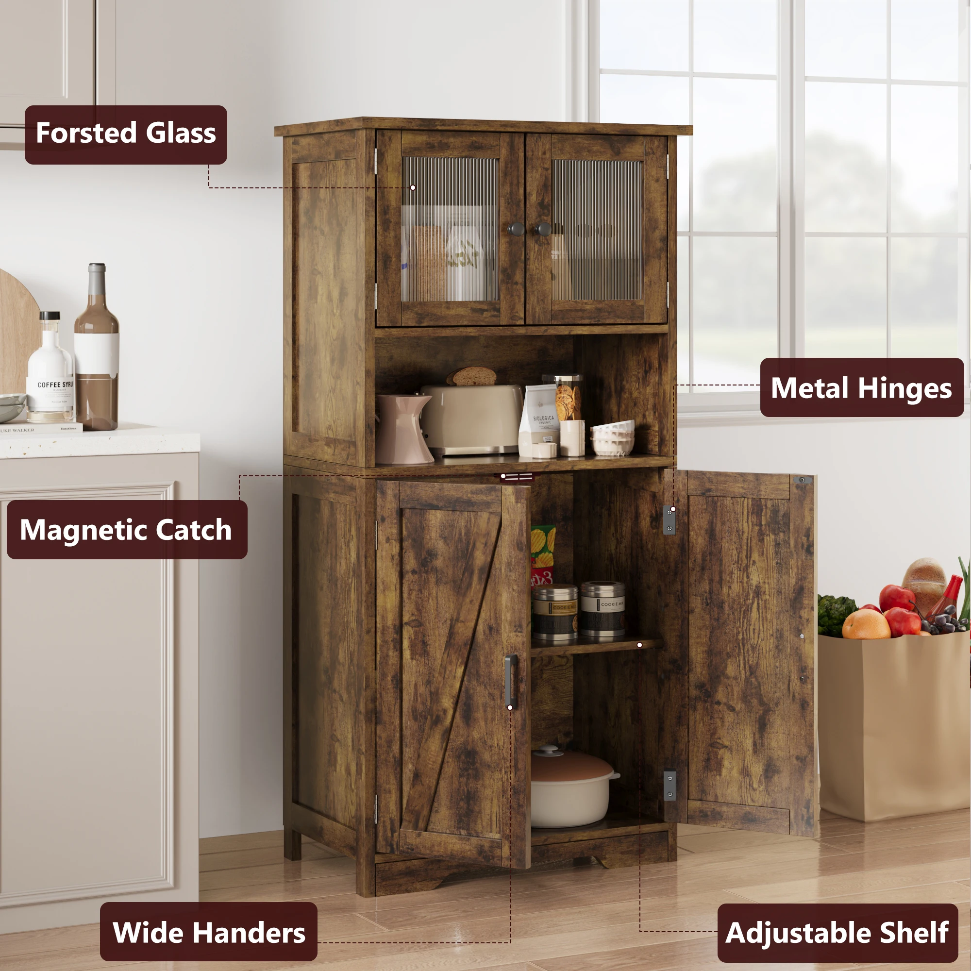 Bathroom Cabinet, White Freestanding Floor Linen Storage Cabinet, Kitchen Pantry Storage Cabinet with Glass Doors