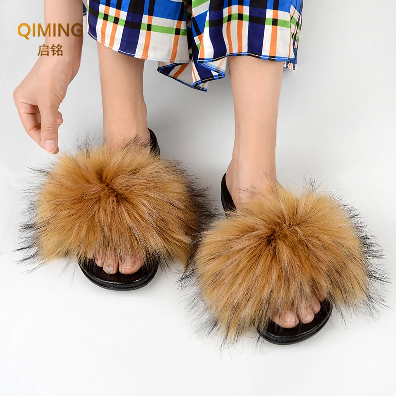 Summer Faux Fur Slippers For Women Indoor Plush Fluffy Slides Casual House Shoes Luxury Female Furry Flip Flops Flats Sandals 6