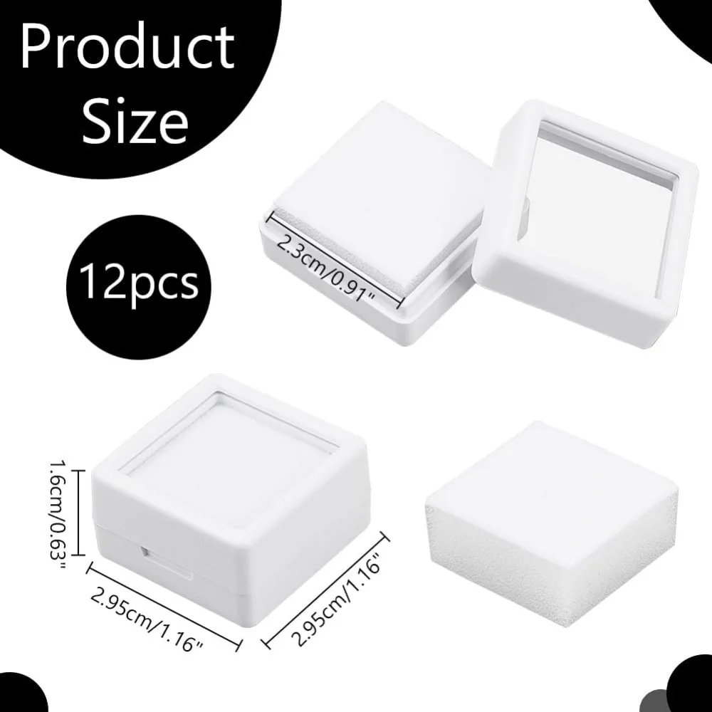 Gemstone Display Boxes White Plastic Square Jewelry Display Lids and Sponge for Bare Stone Naked Diamond 12 Pcs 1.2x1.2x0.6 Inch