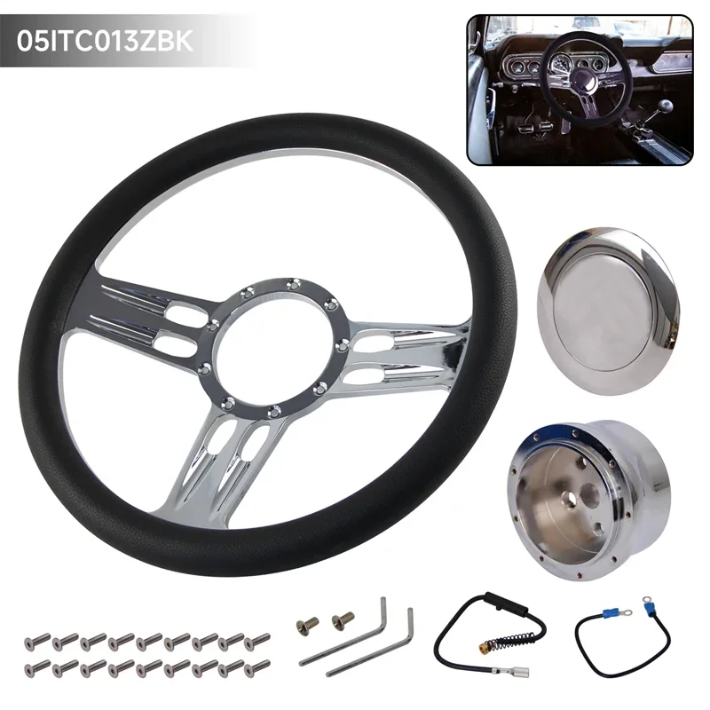 14" Billet Aluminum Steering Wheel – Chrome, Black Leather Wrap, With Adapter – Cruisin Style For GM