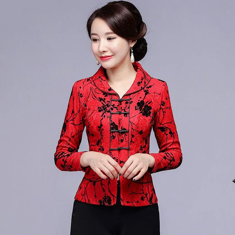 

Cheongsam Women's Plus Size Tops 2024 Autumn Cotton Blend Prints Traditional Chinese Style Red Tang Costume Qipao Shirts Woman