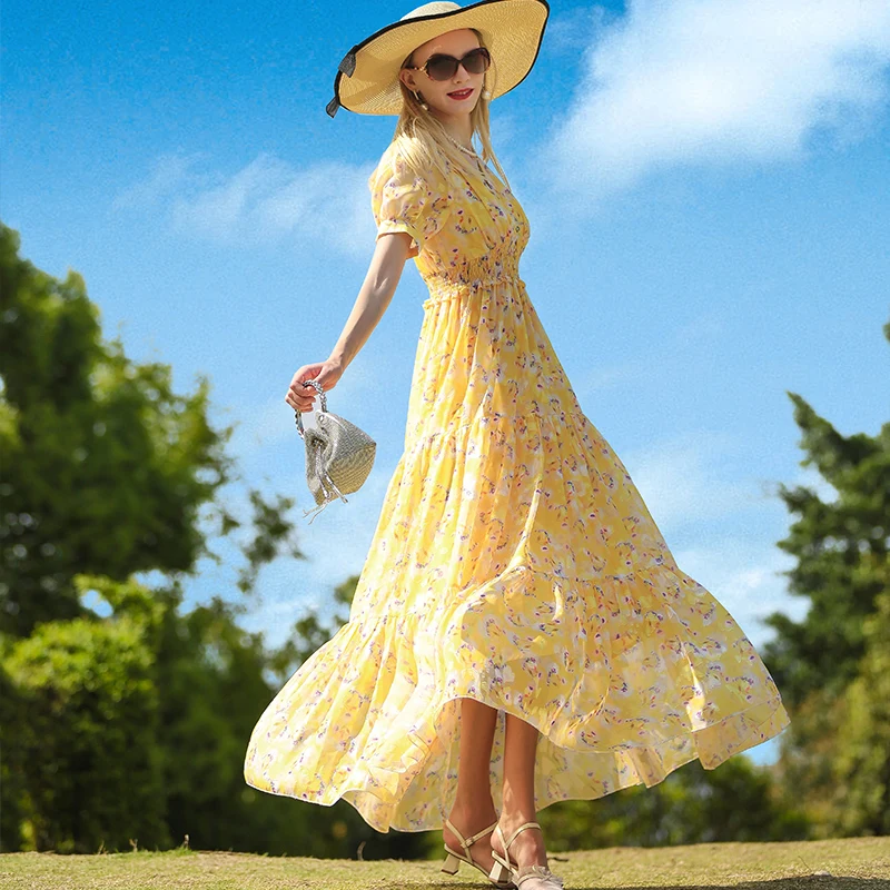 

Short Sleeve Chiffon Summer Dress for Women Floral Printed Bohemian Dress Fashion Trends Events Party Elegance Long Beach Dress