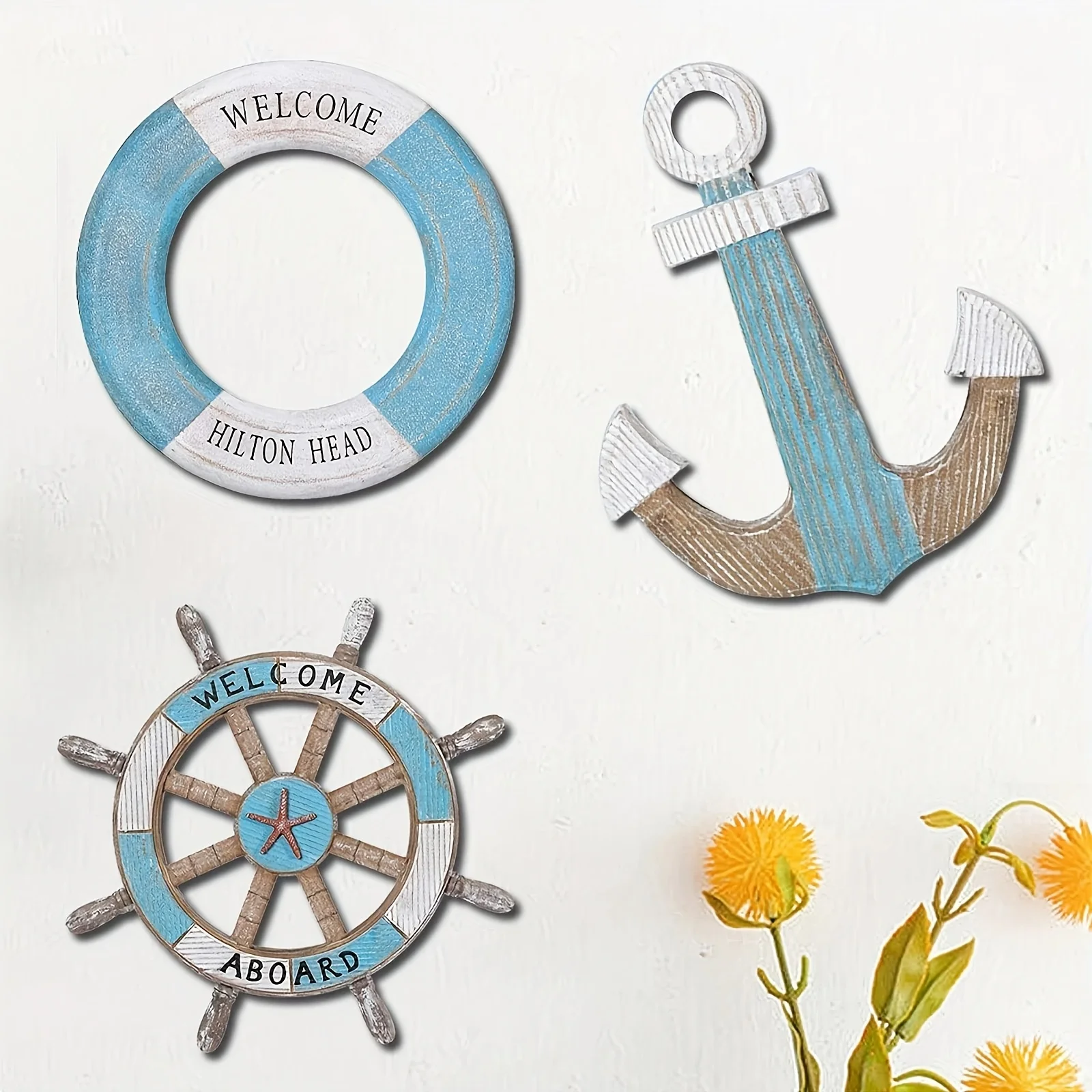 1 set di decorazioni per la casa a tema nautico, con ancora in legno, timoni e salvagenti, decorazioni da parete a tema oceano, decorazioni nautiche per interni, utilizzabili per decorare le pareti a feste all'aperto e riunioni in giardino. - immagine 3