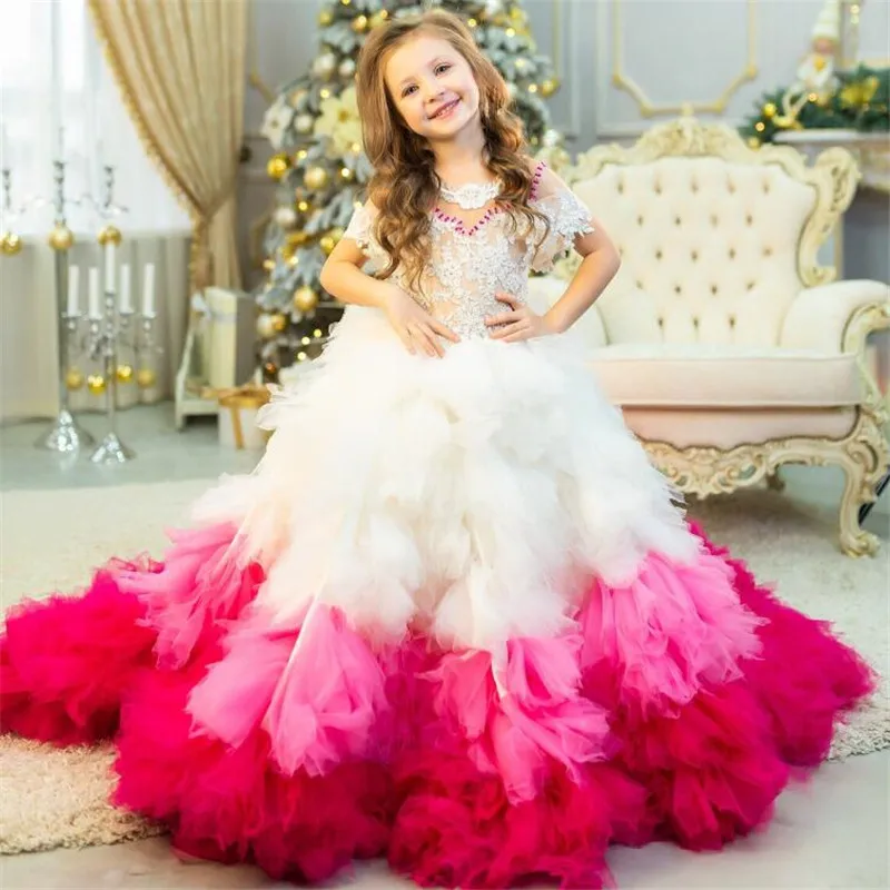 

Luxury Christmas Pageant Gown Laced Bodice Princess Flower Girl Dress Wedding Girls Birthday Party Gown with Long Train