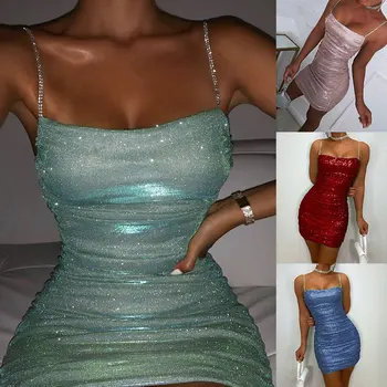 Women's Sexy Nightclub Bodycon Dress with Rhinestones, Halter Ruched Bandage Party Cocktail Dress 1