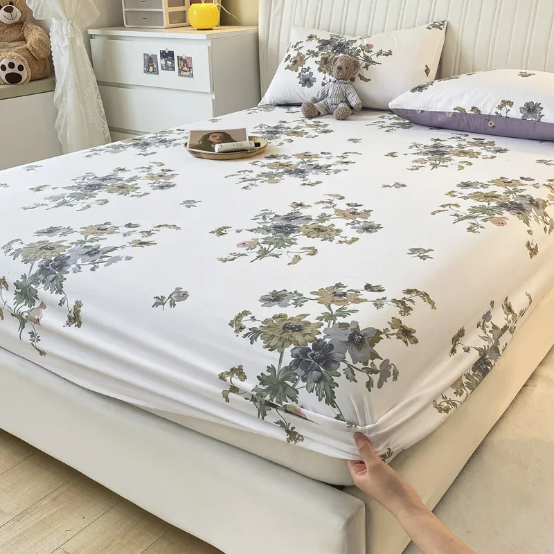 Pure Cotton Printing Fitted Sheet Luxury Mattress Cover Double Queen Size Elastic Band Bed Sheet 160x200 180X200 Fit Sheet 4