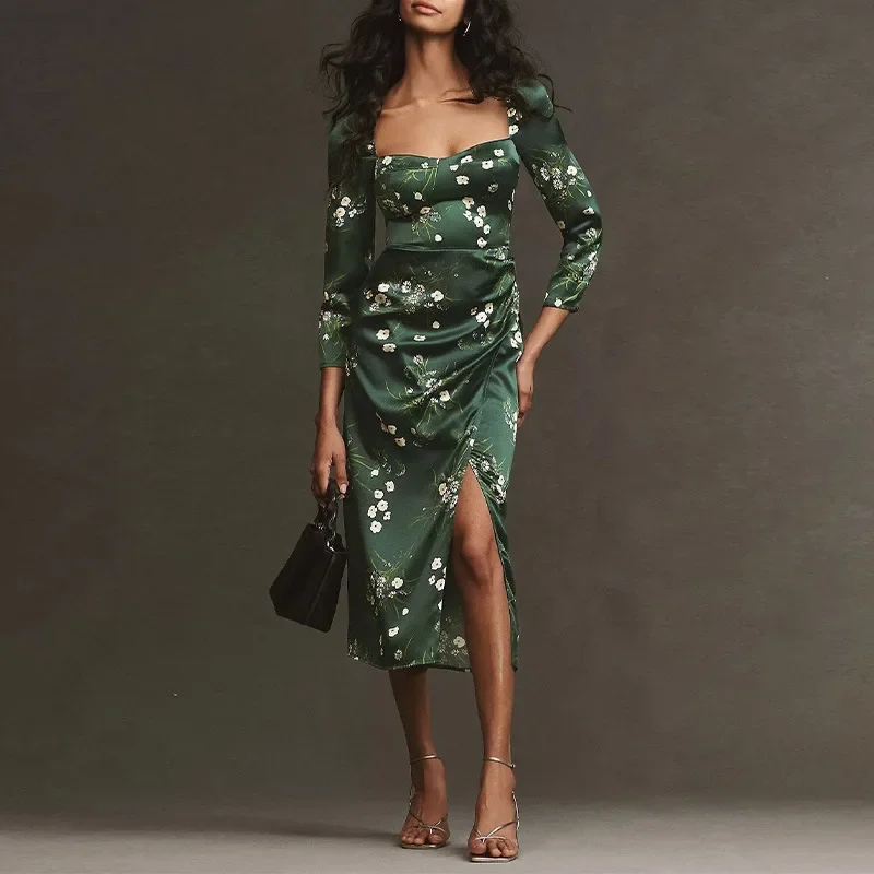 

Женское привлекательное ТРАПЕЦИЕВИДНОЕ атласное платье в стиле ретро с низким разрезом и завышенной талией, платье с квадратным вырезом, новинка 2024