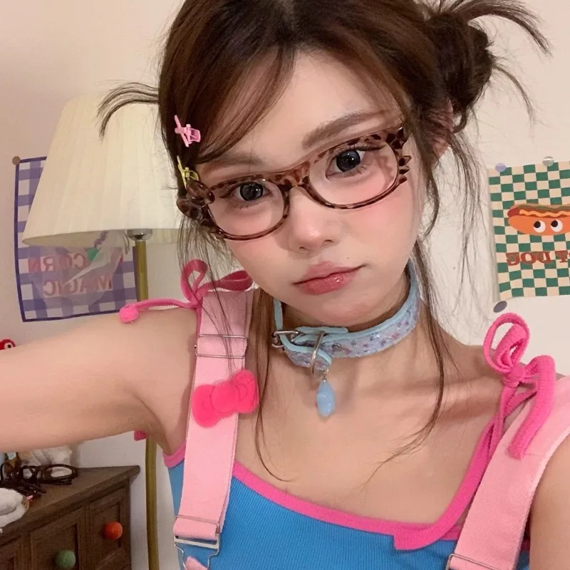 레트로 헬로 키티 레오파드 무늬 안경테, 귀여운 Y2K 핫티 풀 프레임 안경, 소녀 생일 선물, 카와이 소녀 액세서리