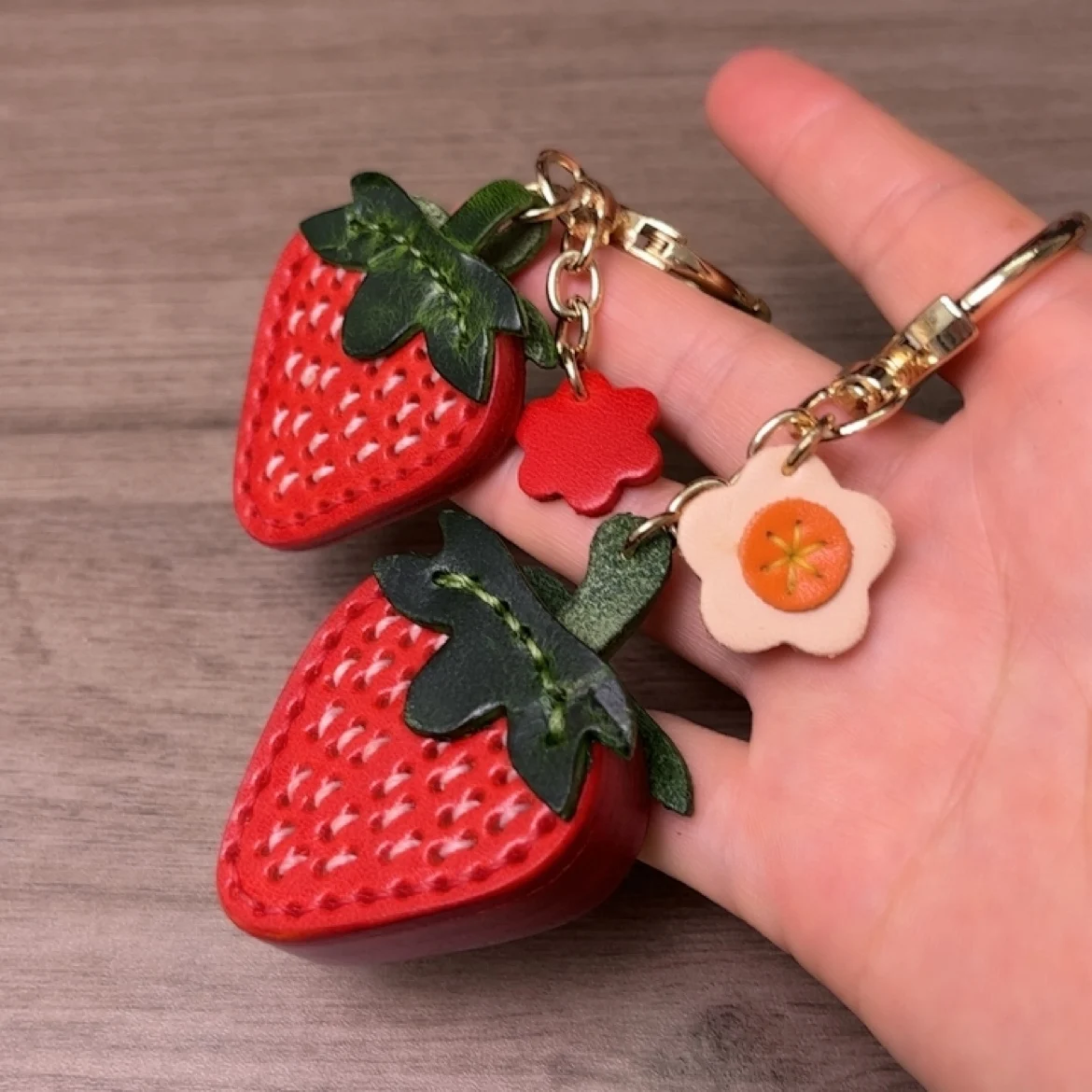 Genuine Leather Strawberry Keychain and Bag Charm