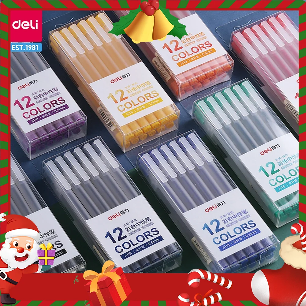 Ballpoint Pen Deli Gel Pen School Pens Set 0.5MM Color Ink Stationery Student Supplies Water-based Writing Painting Tools 12Pcs/Set