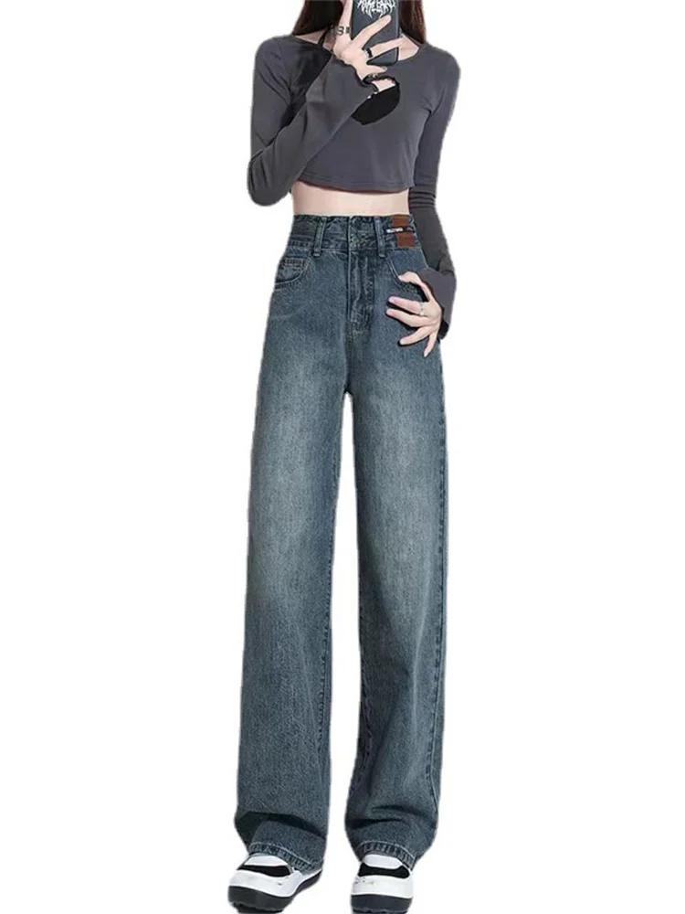 

High Waist Wide Leg Pants Women Retro Blue Long Jeans