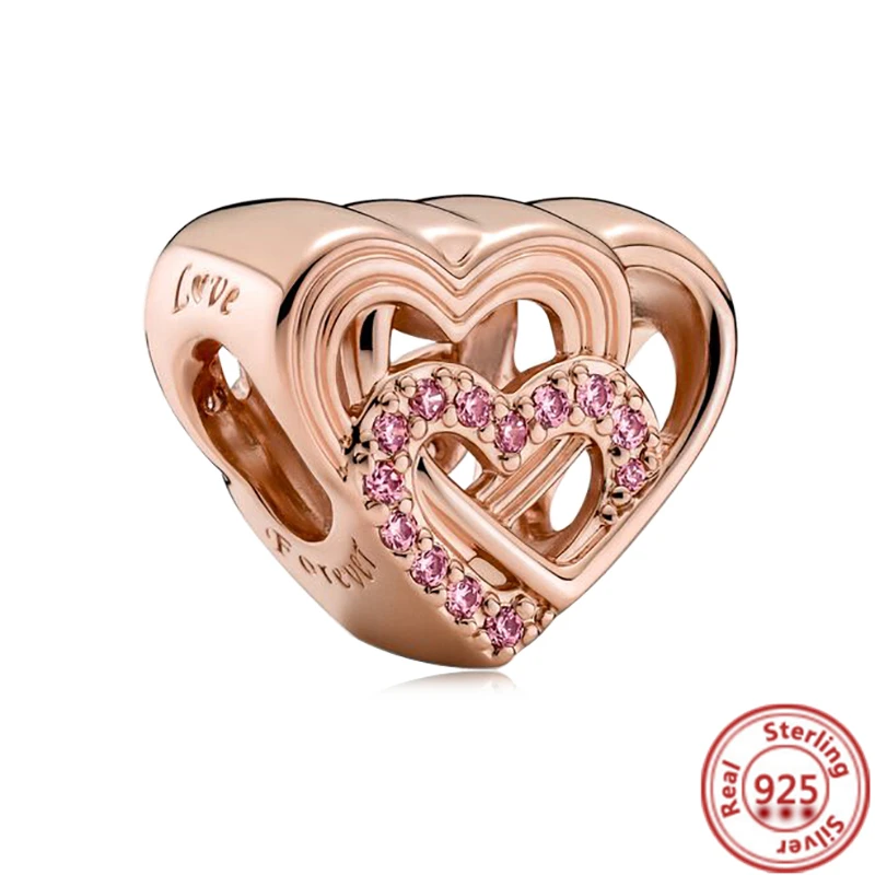 Rose Gold Series Pink Zircon Leaves Heart Pendant Sparkling Clip Bead Fit Pantaro Charm Bracelet DIY 925 Silver Jewelry charm jewelry sterling silver jewelry beads charms sterling silver beads silver charm bead charm bead beads jewelry loose beads silver bead bracelet sterling silver beads charm silver charm bracelet