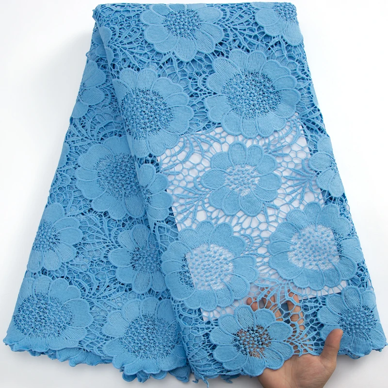 

Bule African Guipure Lace Fabric 5 Yards Nigerian Water Soluble Fabric Pure Color Cord Lace Fabric For Women Party Dress A3154