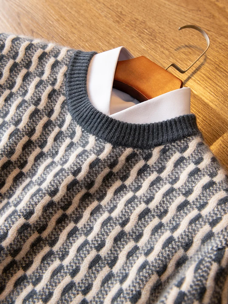 100% Cashmere Sweater Men's Autumn Winter New Round Neck Knitted Pullover High-end Thickened Inlaid Flower Men's Clothing Warm 5