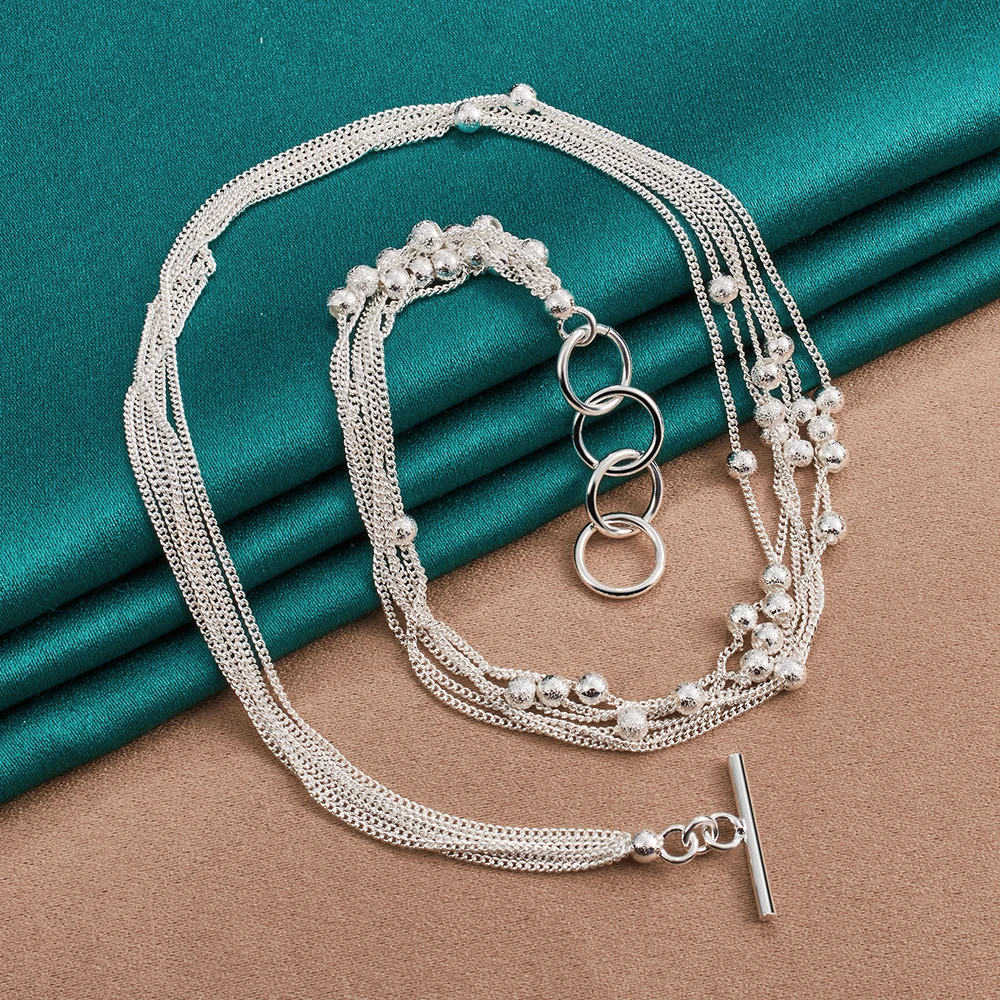 DOTEFFIL 925 Sterling Silver Multi Chain Frosted Ball Grape Beads Necklace For Women Wedding Engagement Party Charm Jewelry women necklace