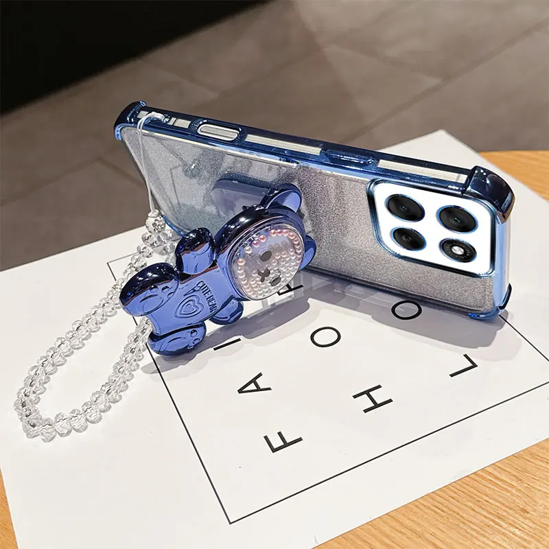 Shockproof Phone Case with 3D Bear Stand and Crystal Chain Lanyard - Transparent and Stylish Design