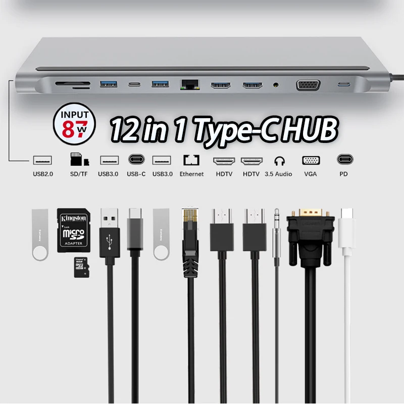 

12 in 1 USB-C Docking Station Triple Monitor with HDMI1.4*2+VGA+USB3.0/2.0+RJ45 100M+SD/TF+PD+TYPE C for Mac Pro/Air DELL ASUS