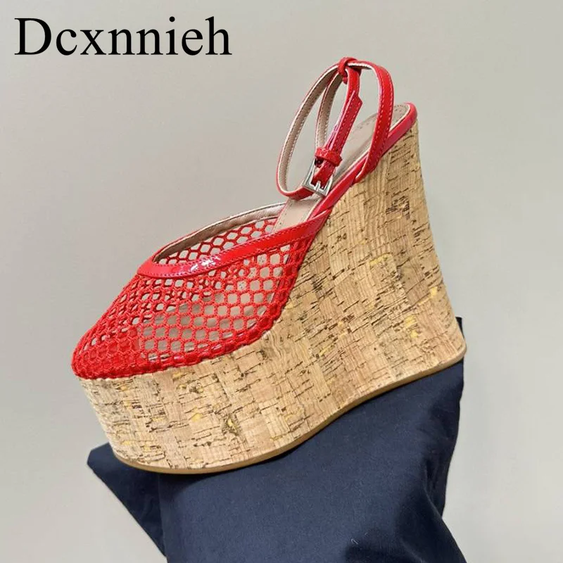 

New Mesh Hollow Design Wedge Heels Sandals Women's Closed Toe Ankle Strap Platform Sandalias Summer Outdoor Party Dress Shoes