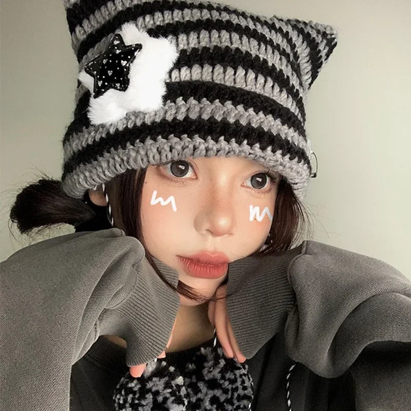 Y2K Beanie Hat Ins Devil Ear Striped Knitted Wool Cap Autumn