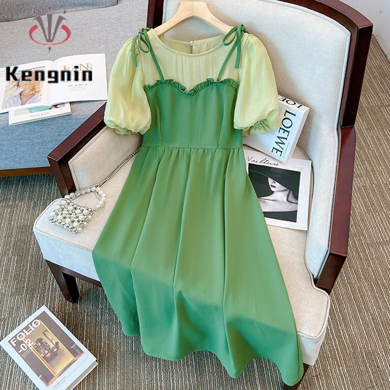 

New 2023 Summer French Style Women's Dresses Loose Plus Size 4XL Puff Sleeve Lady Vestido Fake Two Piece Female Robe KE3422