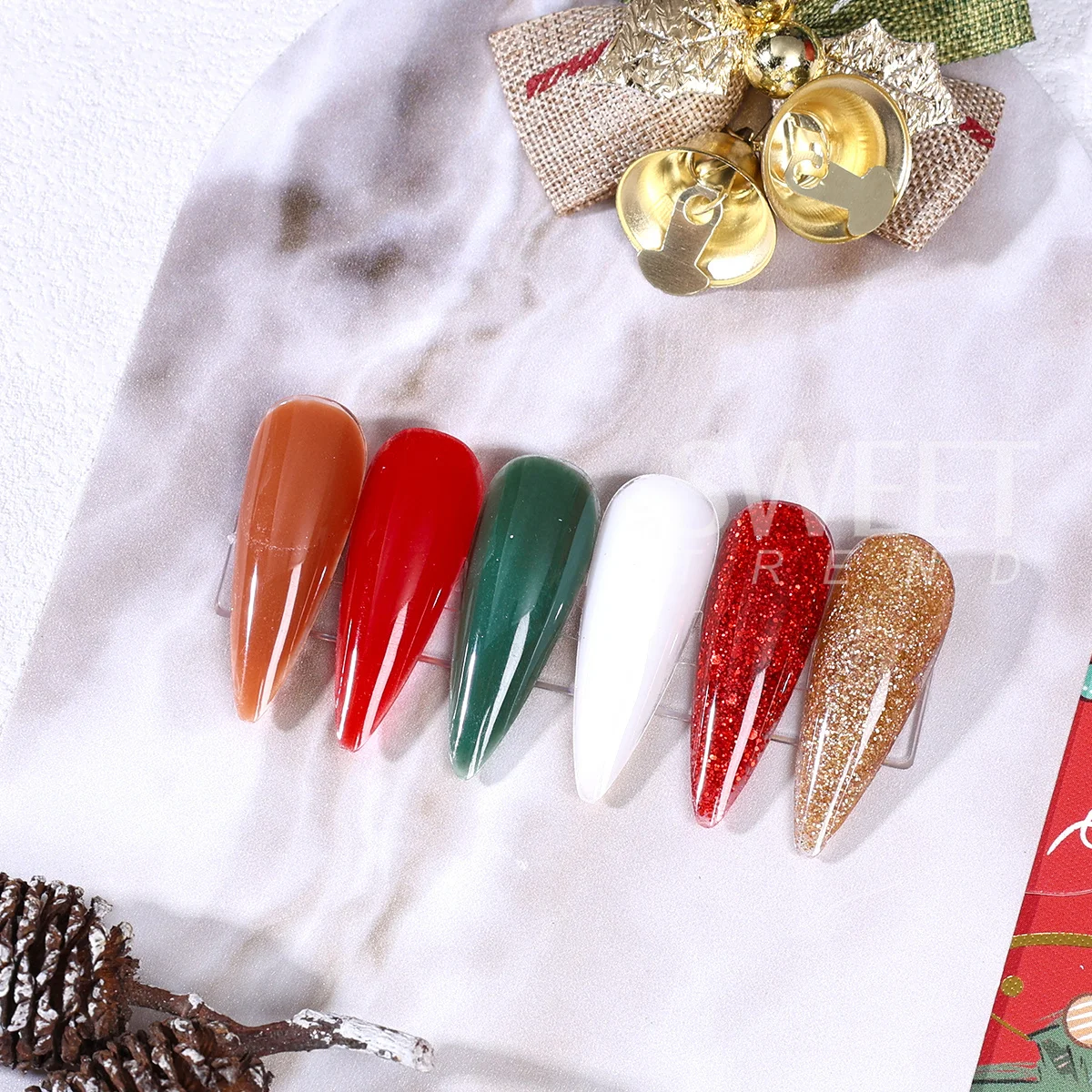 6pcs Christmas Color Acrylic Nail Powder Green Red Sparkly Gold Crystal Carved Building Sequins Manicure Extension Dipping Dust