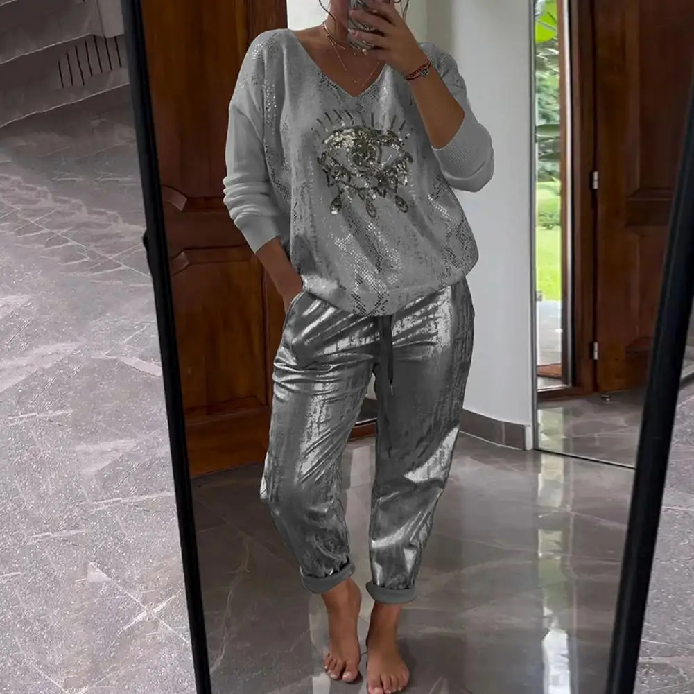Women Wide Leg Pants Eye Print V Neck Top Pants Set for Women T-shirt Trousers Set with Drawstring Waist Bronzing Detail Women