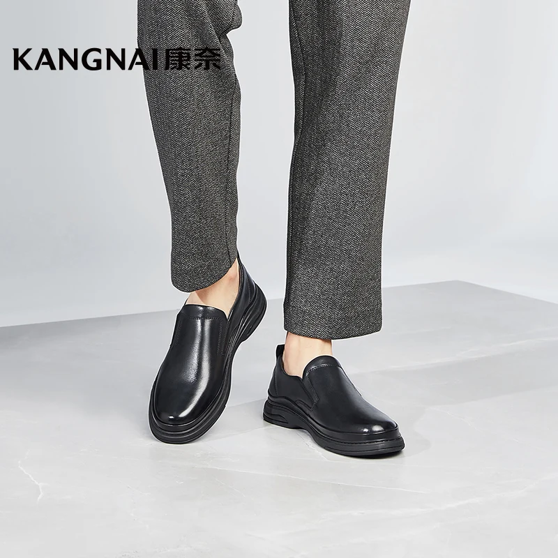 

Kangnai Loafers Men Leather Shoes Round Toe Sewing Slip-On Business Casual Shoes Black Platform Flats Comfortable Male Shoes