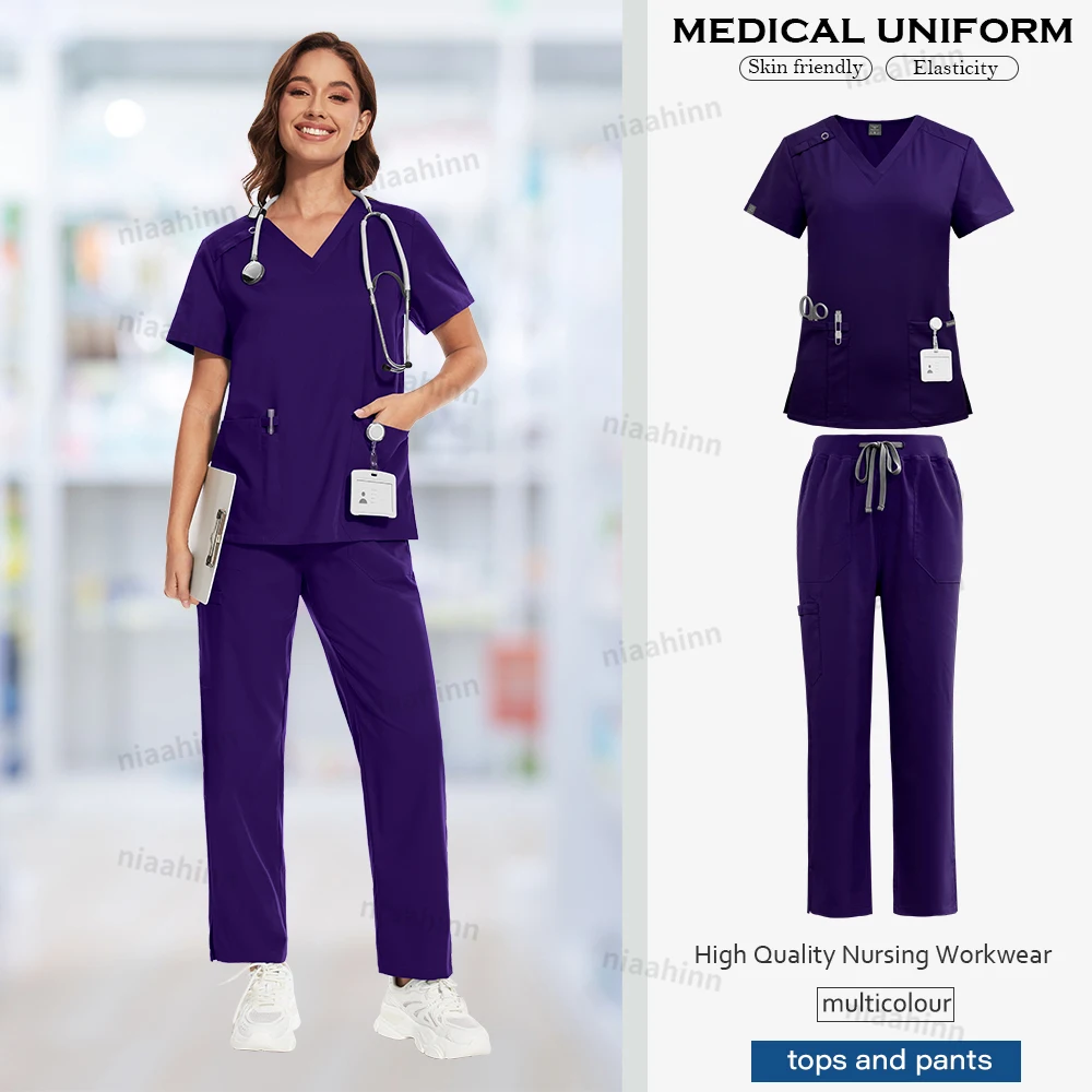 Niaahinn Arbeitskleidung Stretch Scrubs Uniformen Sets Krankenschwester Scurb Uniform Frauen Medizinische Scrubs V-ausschnitt Kurzarm Gerade Hosen Sets – Detail 13