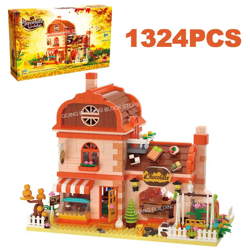 

1324PCS Creative Chocolate Factory Building Blocks City Street View Restaurant Architecture Model Micro Brick Toy For Kid Adult
