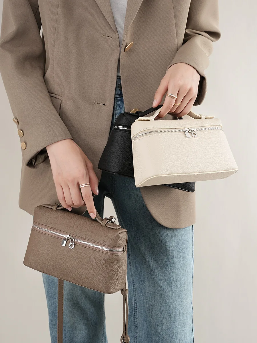 

First Layer Cowhide Mini Lunch Box Bag for Women 2024 Vintage Trendy Zipper Small Square Bag Lady Genuine Leather Handbags