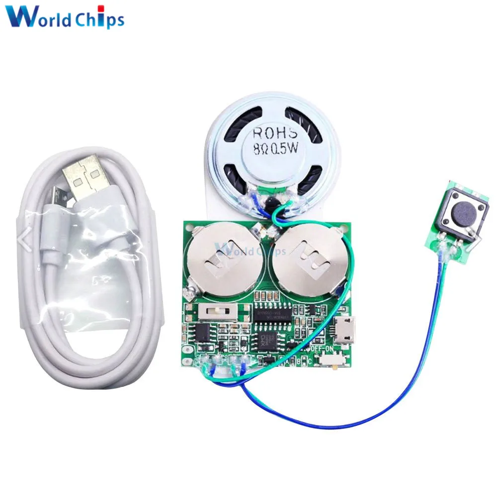 8M Recordable Sound Module Button Control Non Loop DIY Micro USB Audio Music Greeting Card Voice Board with Volume Adjustment