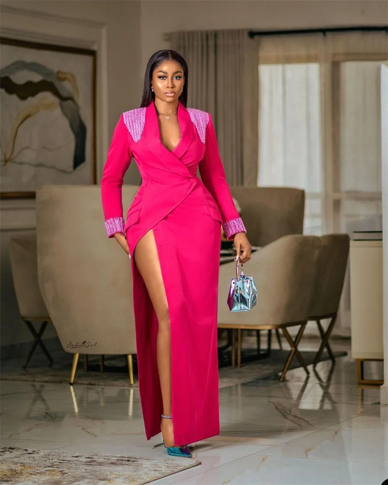 

Fuchsia Pink Women Suits Long Blazer Appliqued Beads Jacket Sexy Side Split Fashion Club Party Gown Mother of the Bride Dress